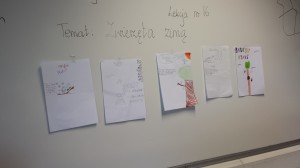 Na ostatnich zajęciach byliśmy bardzo zajęci tworzeniem plakatów pt. "Daj o zwierzęta zimą".