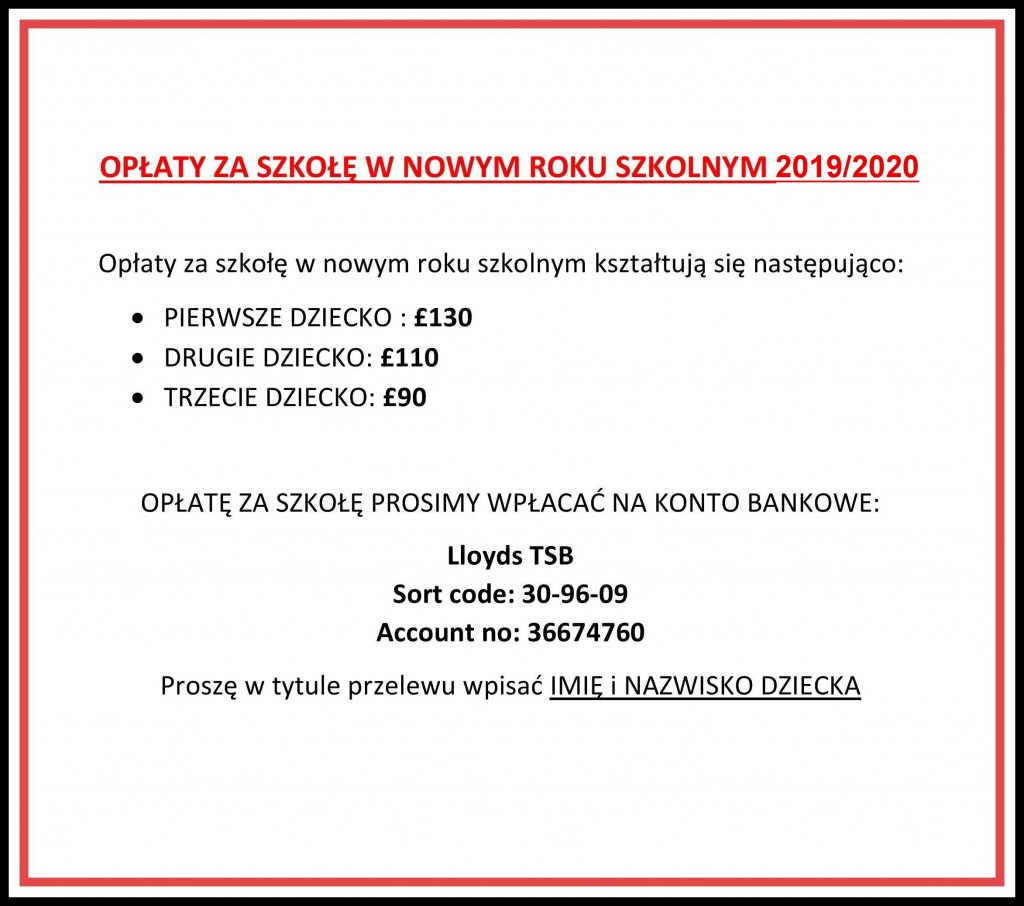 OPŁATY W NOWYM ROKU SZKOLNYM.